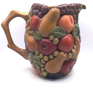 Vintage Mid-Century 3-D Fruit Pitcher Jug - Colorful Raised Fruit Design